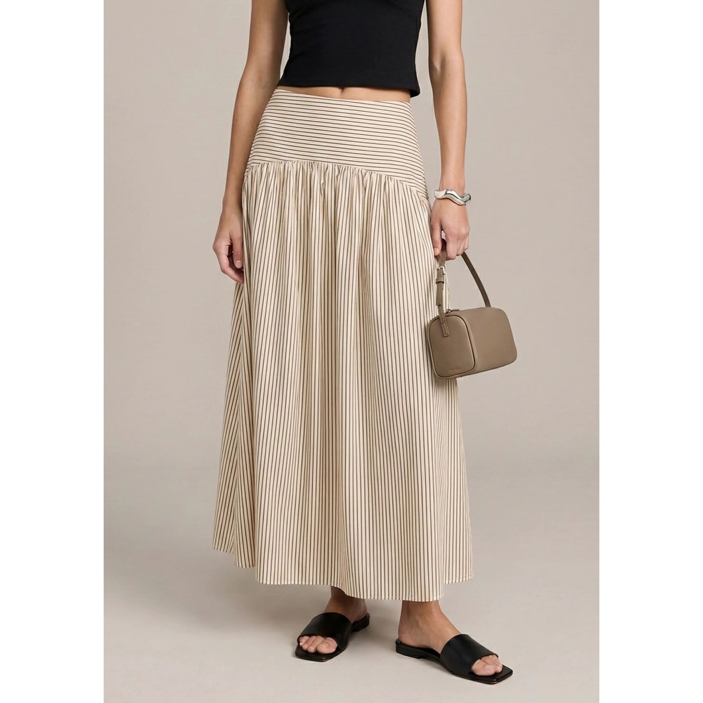 CAARA Striped Cotton Poplin Maxi Skirt Cream Brown High Waist C25WSKA0503SC 6